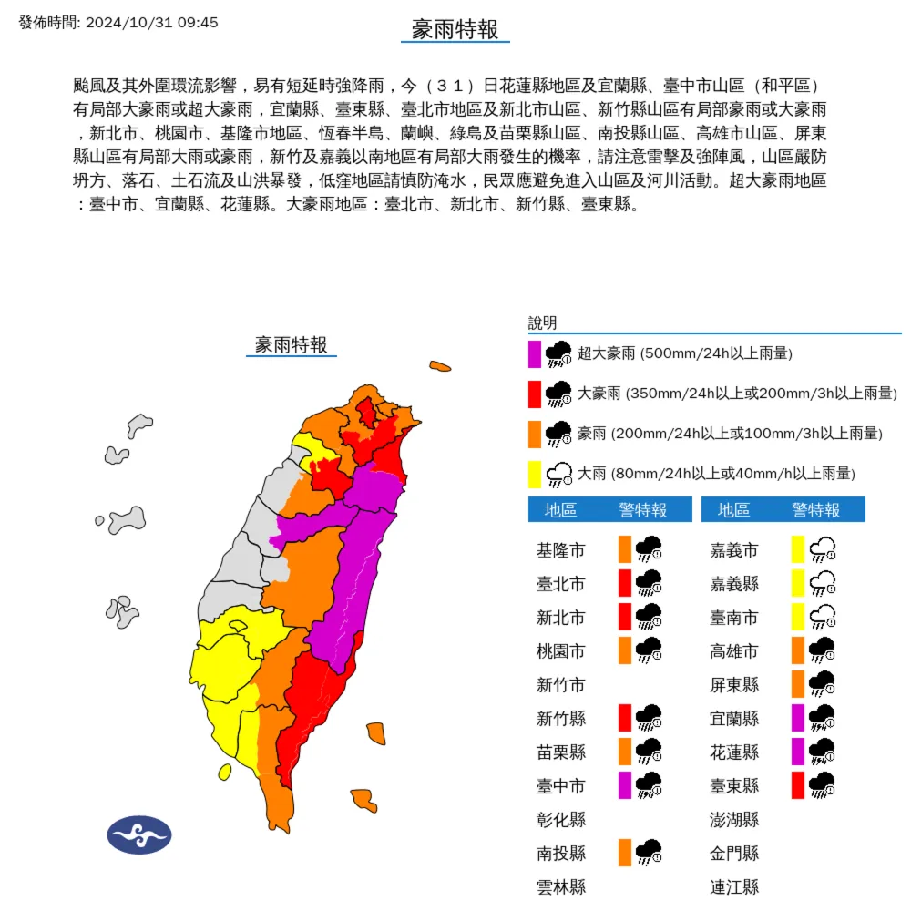 氣象署發布豪雨特報　宜蘭山區累積雨量突破500毫米