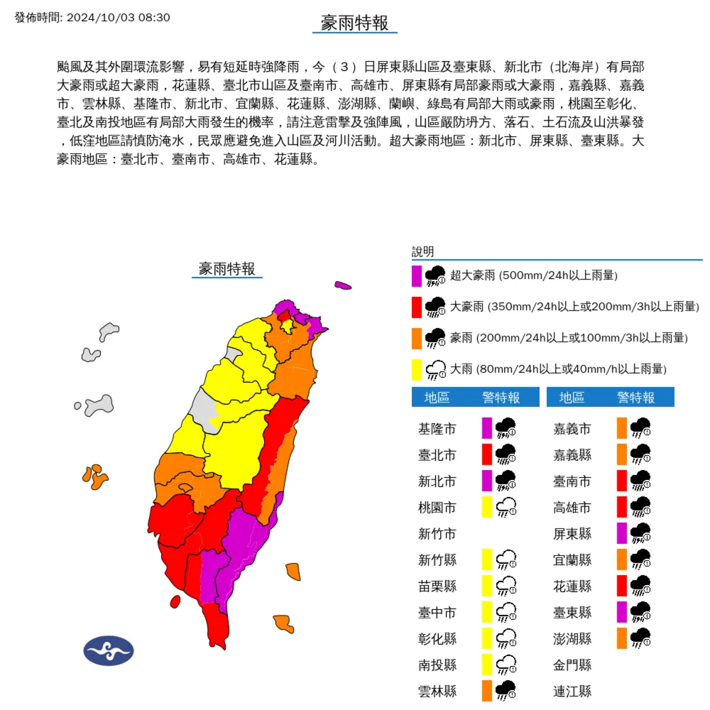 氣象署發布豪雨、陸上強風特報　南部、東北部慎防大豪雨