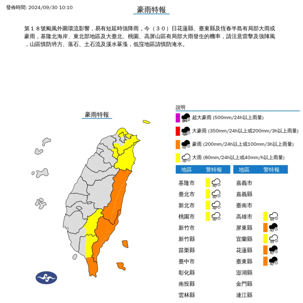 今日9縣市發布豪雨、大雨特報　週二、週三影響最為劇烈