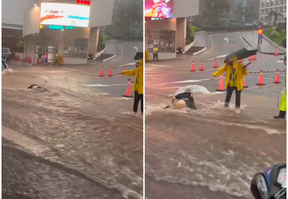 弘光科大前淹成「滑水道」 撐傘女大生慘摔被沖走 網友:行人地獄