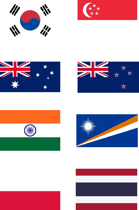 韓國、新加坡、澳洲、紐西蘭、印度、馬紹爾群島、波蘭及泰國